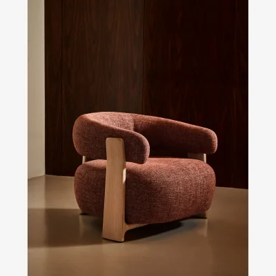 Kave Home Granite fire-retardant armchair in terracotta chenille and solid ash wood with natural-coloured finish FSC 100%