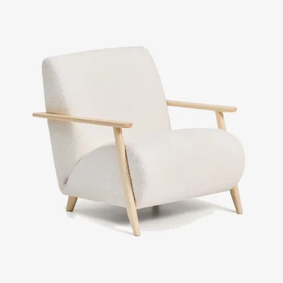Kave Home Meghan fire-retardant armchair in ecru bouclé and solid ash wood with natural tone finish FSC Mix Credit