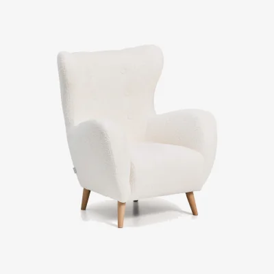 Kave Home Ecru bouclé fire-retardant patio armchair with solid beech wood legs FSC Mix Credit