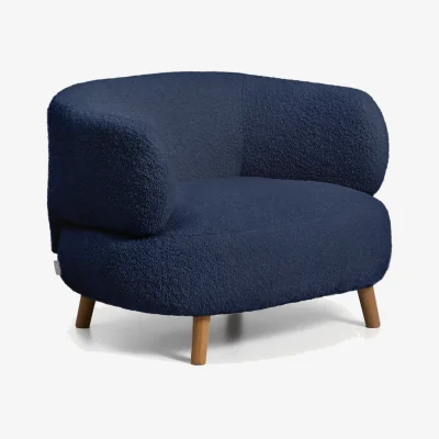 Kave Home Luisa fire-retardant blue bouclé armchair with solid beech wood legs 90cm