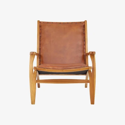 La Redoute Laid Back Brown Leather and Natural Teak Wood Mid Century Chair