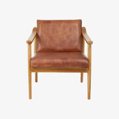 La Redoute Brown Cow Leather and Natural Teak Wood Mid Century Chair