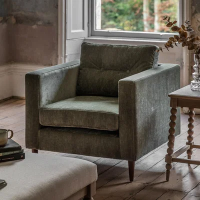 La Redoute Marchfield Buttoned Soft Brushed Armchair with Dark Wood Legs