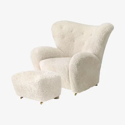 Nordic Nest Audo Copenhagen The Tired Man armchair set Sheepskin moonlight incl. footstool legs oak smoked