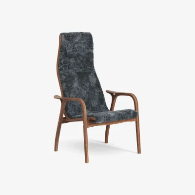 Nordic Nest Swedese Lamino armchair Sheepskin Charcoal-lacquered walnut