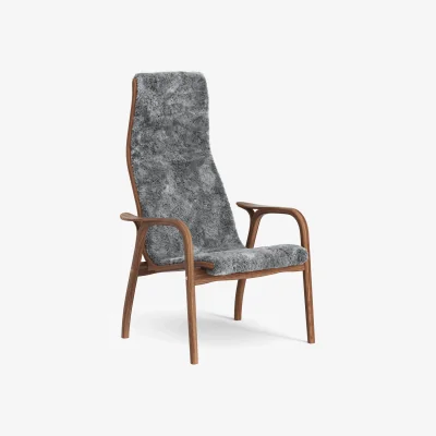 Nordic Nest Swedese Lamino armchair Sheepskin Scandinavian grey-lacquered walnut