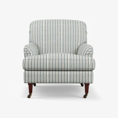 OKA OKA, Small Coleridge Armchair with Linen Fixed Cover Ticking Stripe Perfect Navy, Armchairs, Fabric, Striped