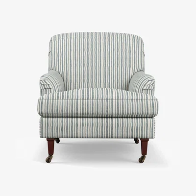 OKA OKA, Large Coleridge Armchair with Linen Fixed Cover - Perfect Navy Ticking Stripe, Armchairs, Feathers/Linen/Wood, Stripe
