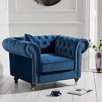 Oak&More Carrara Chesterfield Blue Velvet Armchair