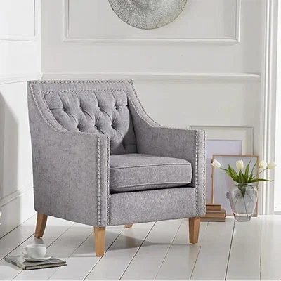 Oak&More Chatsworth Chesterfield Grey Plush Fabric Armchair