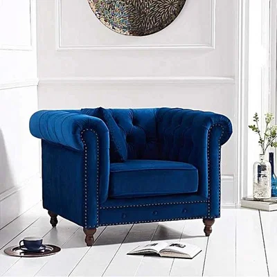 Oak&More Milano Chesterfield Blue Plush Velvet Armchair