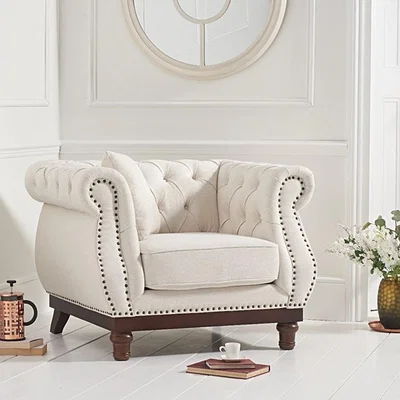Oak&More Henbury Chesterfield Ivory Linen Fabric Armchair