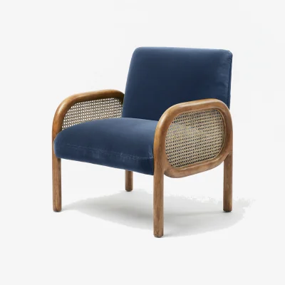 Oliver Bonas Loha Azure Blue Velvet & Rattan Armchair