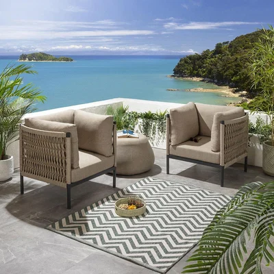 Quatropi Set of 2 Modern Outdoor Armchairs with Pouf Patio Garden Furniture