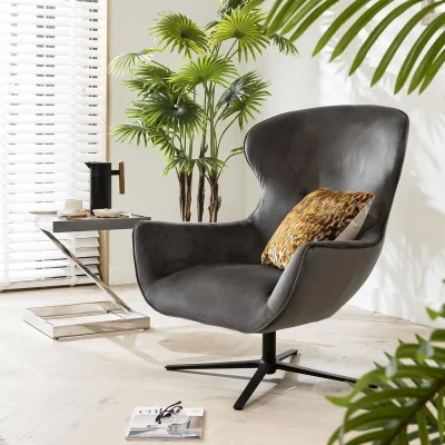 Quatropi ExDisplay Quatropi Swivel Armchair Wingback Charcoal Grey Fabric & Black Metal Legs