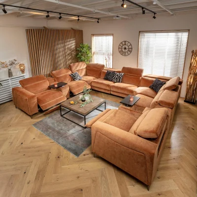 Quatropi Modern 8 Seater Recliner U-Shape Corner Sofa & Storage Console Orange 408x342cm