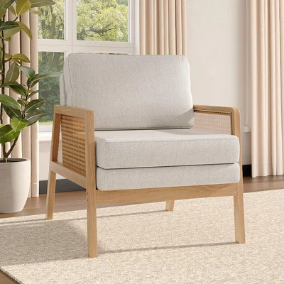 The Range Cushion Wooden Armchair with Woven Rattan Armrests - Beige