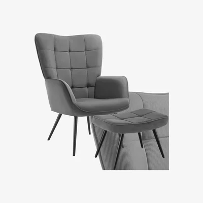 The Range Armchair Hygge with Stool, Padded, Ergonomic Backrest - Fine Cord Anthracite/Black
