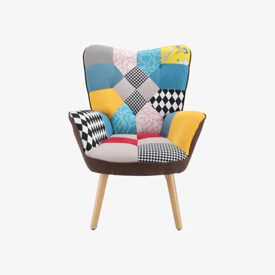 The Range Patchwork Linen Colorful Armchair with Wooden Legs - Colorful