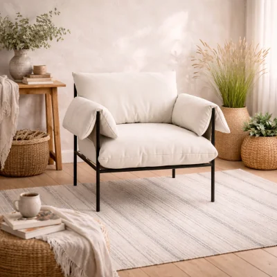The Range Wardour Armchair, White Houseweave Fabric, Matt Black Metal Legs - White