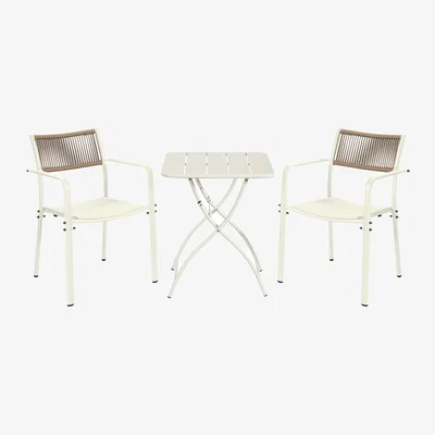 The Range 3 Piece Square Bistro Set, Pair Rope Back Armchairs, Metal Folding Table - White