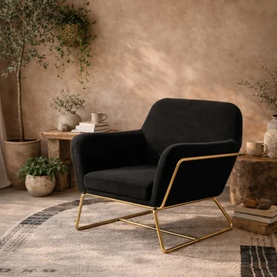 The Range Marseille Velvet Armchair with Gold Metal Legs - Black