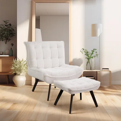 The Range Velvet Armless Lounge Chair with Footstool - White
