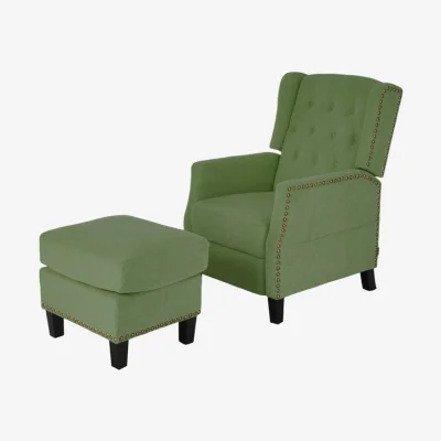 The Range Fabric Upholstered Push Back Recliner Armchair with Footstool - Green