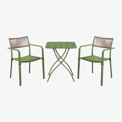 The Range 3 Piece Square Bistro Set, Pair Rope Back Armchairs, Metal Folding Table - Moss Green