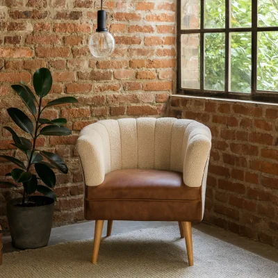 The Range Olbia Cream Bouclé Armchair with Buffalo Leather Seat & Mango Wood Legs - Brown