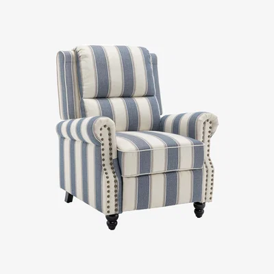 The Range Linen Upholstered Armchair with Hidden Footrest - Blue & Whie
