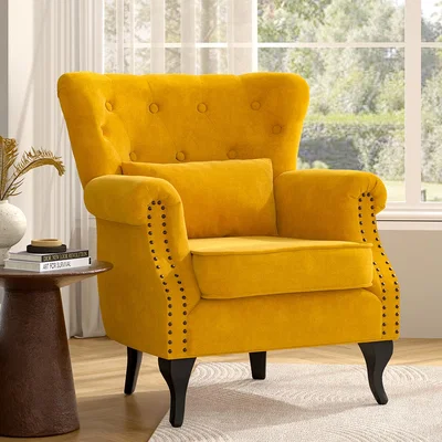 The Range Upholstered Buttoned Armchair with Pillow and Cushion - Yellow