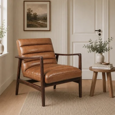 The Range Mid Century Genuine Leather Lounge Armchair - Brown
