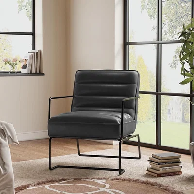 The Range Mid-Century PU leather Linen Armchair with Metal Base - Grey