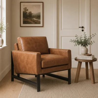 The Range Industrial Genuine Leather Armchair with Metal Frame - Black