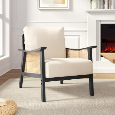 The Range Mid-Century Wooden Armchair with Woven Rattan Armrests - Beige