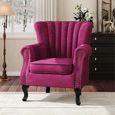 The Range Velvet Armchair with Wingback and Studs Details - Wine Red