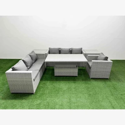 The Range Fimous 6-Piece Rising Dining Rattan Set, Two 3-Seater Sofas, Armchair and Tables, Light Grey. - Light Grey Mixed