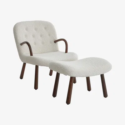 The Range Sherpa Armchair and Footstool Set with Wooden Legs - White