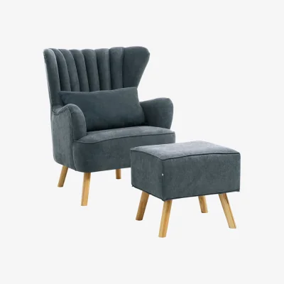 The Range Upholstered Wingback Armchair with Matching Footstool - Navy Grey