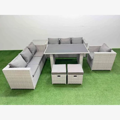 The Range Fimous Patio Set with Black Tempered Glass Table, 3-seat Sofa, Armchair, 2 Stools, Light Grey - Light Grey Mixed