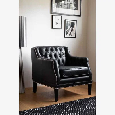 Rockett St George Black Buttoned Back Leather Armchair