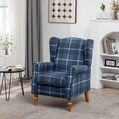 The Range Wing Back Fireside Check Fabric Armchair - Blue Check