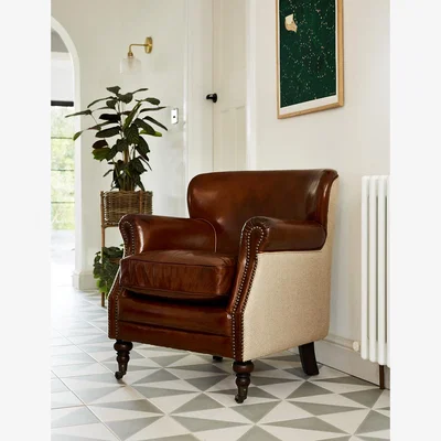 Rose & Grey Vintage Leather and Linen Armchair