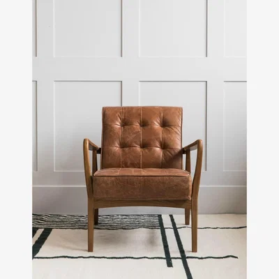 Rose & Grey Mid-Century Button-and-Stud Brown Leather Armchair