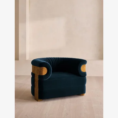 Soho Home Caleb Armchair, Dark Burl, Velvet, Royal Blue, UK