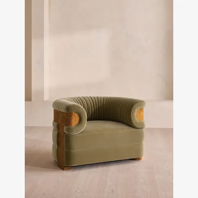 Soho Home Caleb Armchair, Dark Burl, Velvet, Lichen, UK