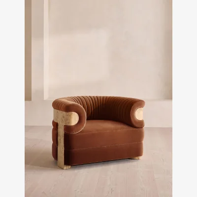 Soho Home Caleb Armchair, Blonde Burl, Velvet, Cinnamon, UK