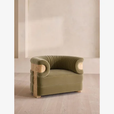 Soho Home Caleb Armchair, Blonde Burl, Velvet, Lichen, UK