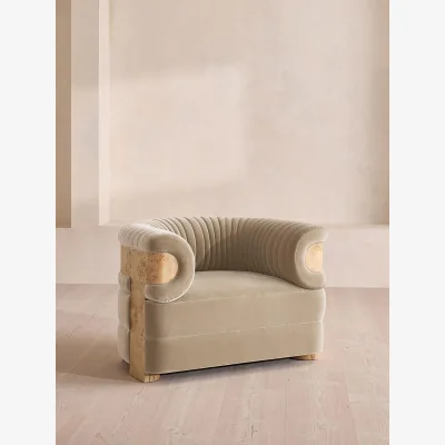 Soho Home Caleb Armchair, Blonde Burl, Velvet, Oyster, UK